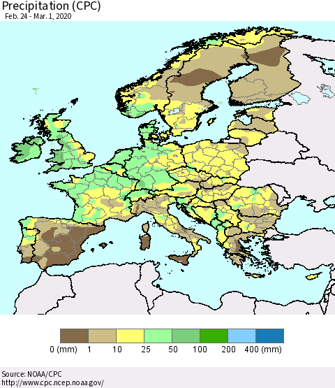 Europe Precipitation (CPC) Thematic Map For 2/24/2020 - 3/1/2020
