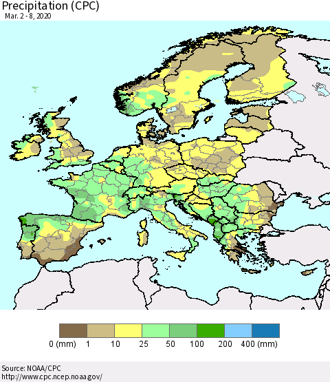 Europe Precipitation (CPC) Thematic Map For 3/2/2020 - 3/8/2020