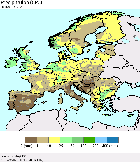 Europe Precipitation (CPC) Thematic Map For 3/9/2020 - 3/15/2020