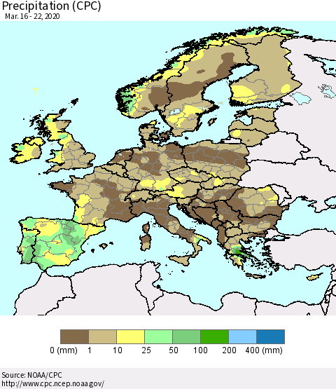 Europe Precipitation (CPC) Thematic Map For 3/16/2020 - 3/22/2020