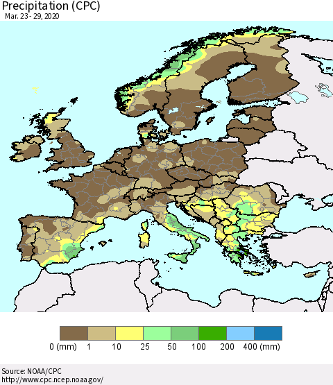 Europe Precipitation (CPC) Thematic Map For 3/23/2020 - 3/29/2020