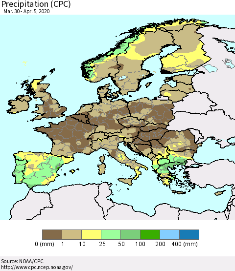 Europe Precipitation (CPC) Thematic Map For 3/30/2020 - 4/5/2020