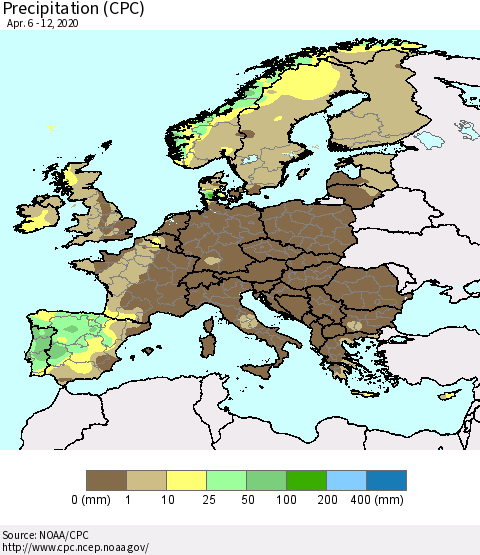 Europe Precipitation (CPC) Thematic Map For 4/6/2020 - 4/12/2020