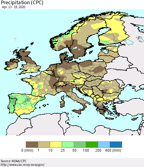 Europe Precipitation (CPC) Thematic Map For 4/13/2020 - 4/19/2020