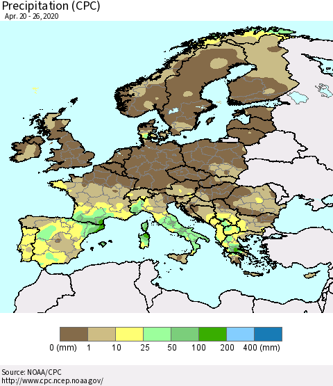 Europe Precipitation (CPC) Thematic Map For 4/20/2020 - 4/26/2020