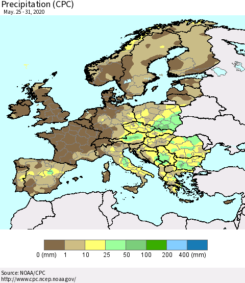 Europe Precipitation (CPC) Thematic Map For 5/25/2020 - 5/31/2020