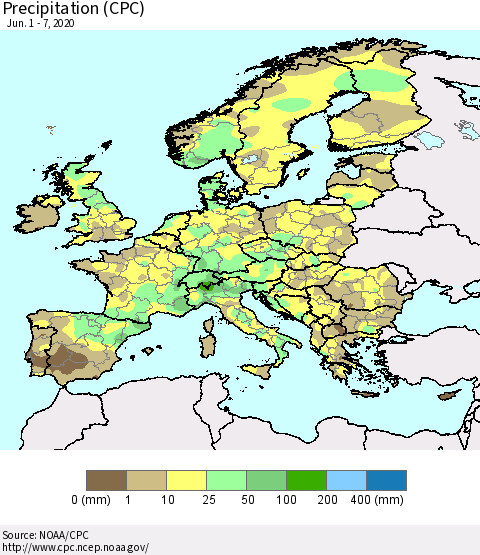 Europe Precipitation (CPC) Thematic Map For 6/1/2020 - 6/7/2020