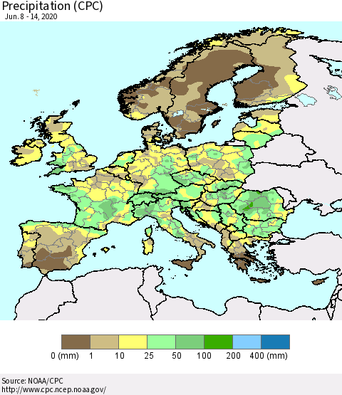 Europe Precipitation (CPC) Thematic Map For 6/8/2020 - 6/14/2020