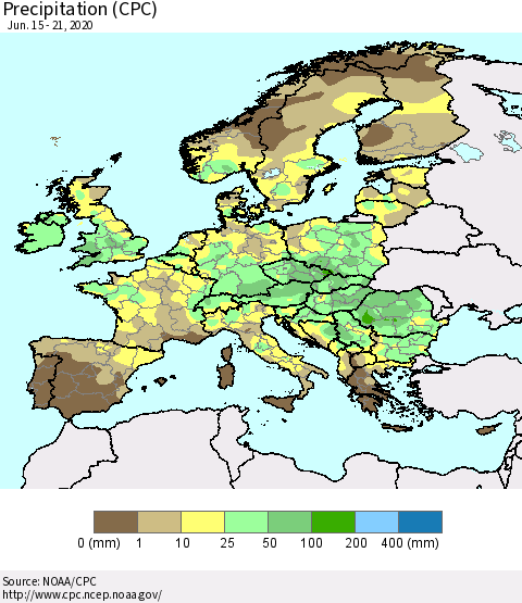 Europe Precipitation (CPC) Thematic Map For 6/15/2020 - 6/21/2020
