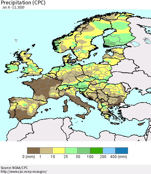 Europe Precipitation (CPC) Thematic Map For 7/6/2020 - 7/12/2020
