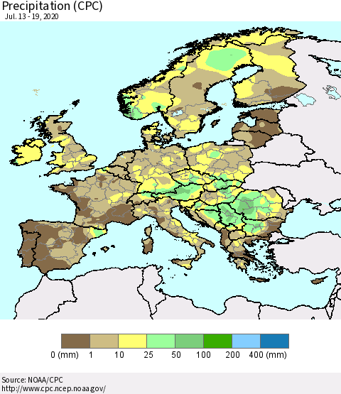 Europe Precipitation (CPC) Thematic Map For 7/13/2020 - 7/19/2020