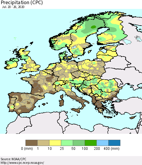 Europe Precipitation (CPC) Thematic Map For 7/20/2020 - 7/26/2020