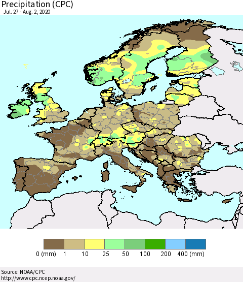 Europe Precipitation (CPC) Thematic Map For 7/27/2020 - 8/2/2020