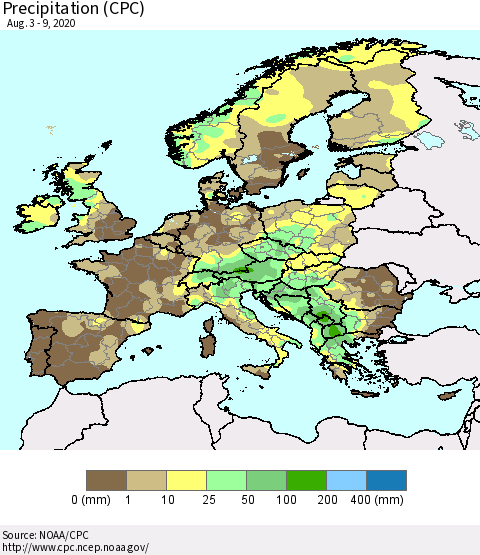 Europe Precipitation (CPC) Thematic Map For 8/3/2020 - 8/9/2020