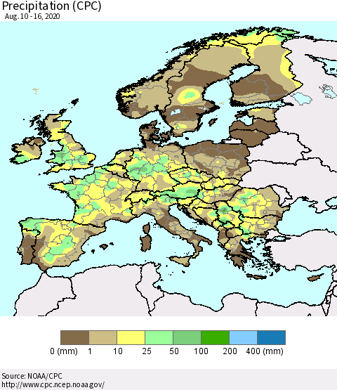 Europe Precipitation (CPC) Thematic Map For 8/10/2020 - 8/16/2020