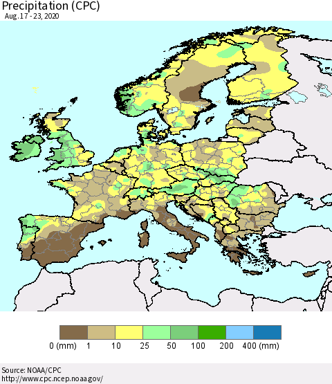 Europe Precipitation (CPC) Thematic Map For 8/17/2020 - 8/23/2020