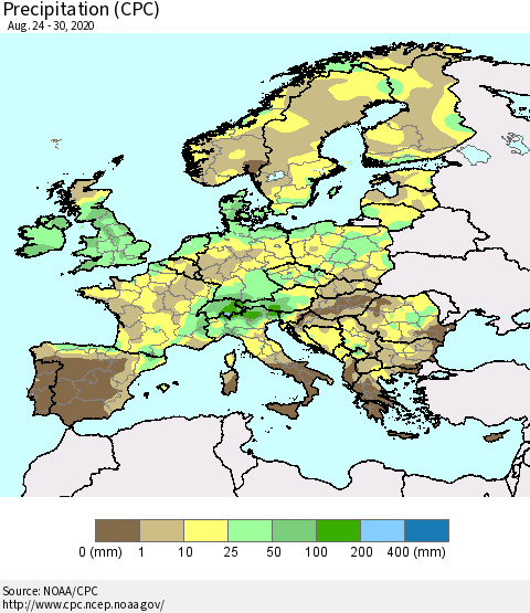 Europe Precipitation (CPC) Thematic Map For 8/24/2020 - 8/30/2020