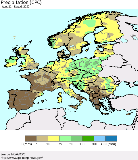 Europe Precipitation (CPC) Thematic Map For 8/31/2020 - 9/6/2020
