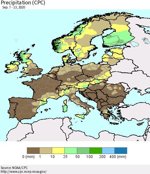 Europe Precipitation (CPC) Thematic Map For 9/7/2020 - 9/13/2020