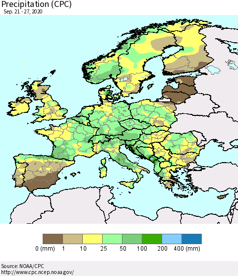 Europe Precipitation (CPC) Thematic Map For 9/21/2020 - 9/27/2020
