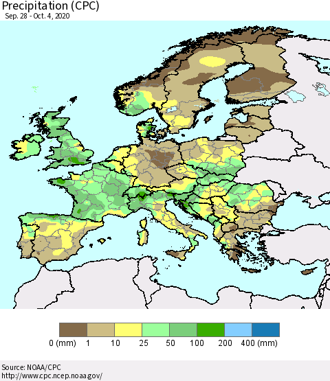 Europe Precipitation (CPC) Thematic Map For 9/28/2020 - 10/4/2020