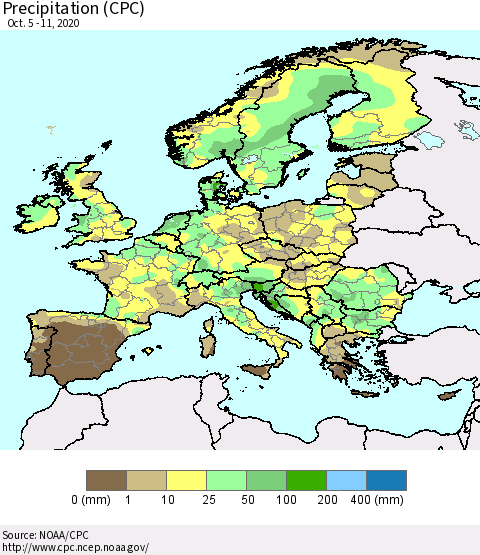 Europe Precipitation (CPC) Thematic Map For 10/5/2020 - 10/11/2020