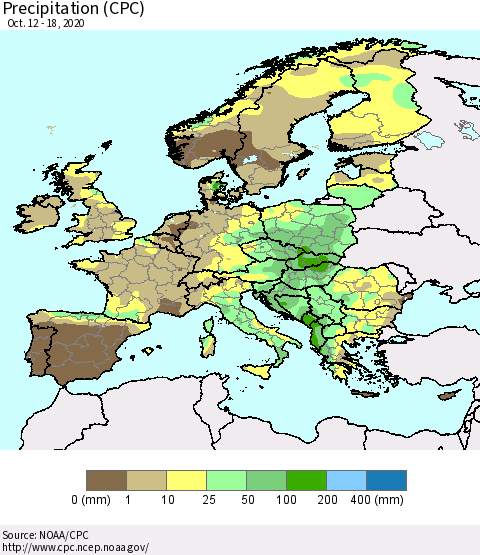 Europe Precipitation (CPC) Thematic Map For 10/12/2020 - 10/18/2020