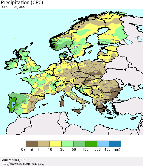 Europe Precipitation (CPC) Thematic Map For 10/19/2020 - 10/25/2020