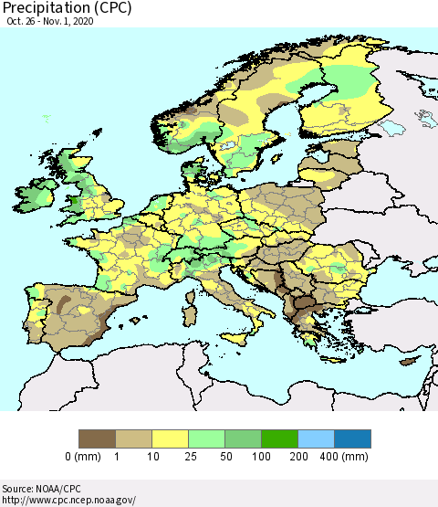 Europe Precipitation (CPC) Thematic Map For 10/26/2020 - 11/1/2020