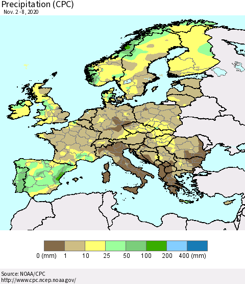 Europe Precipitation (CPC) Thematic Map For 11/2/2020 - 11/8/2020
