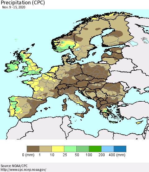 Europe Precipitation (CPC) Thematic Map For 11/9/2020 - 11/15/2020
