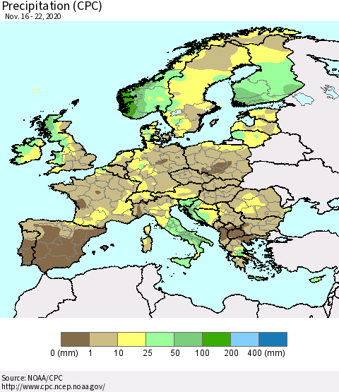 Europe Precipitation (CPC) Thematic Map For 11/16/2020 - 11/22/2020