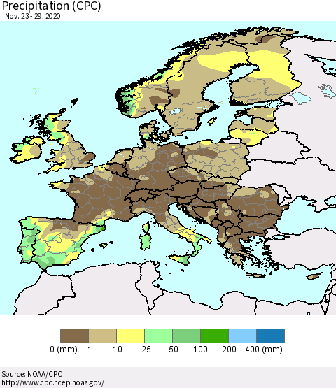 Europe Precipitation (CPC) Thematic Map For 11/23/2020 - 11/29/2020