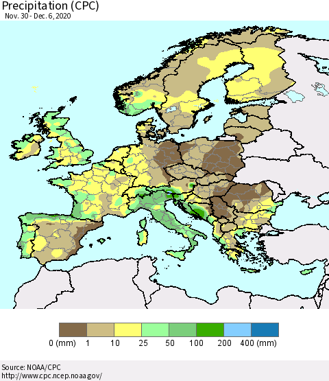 Europe Precipitation (CPC) Thematic Map For 11/30/2020 - 12/6/2020