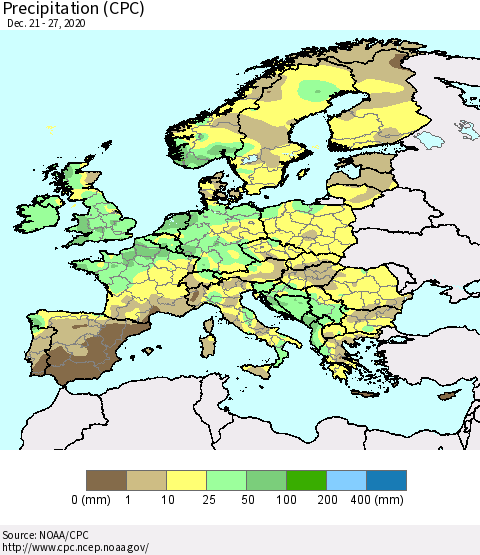 Europe Precipitation (CPC) Thematic Map For 12/21/2020 - 12/27/2020