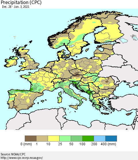 Europe Precipitation (CPC) Thematic Map For 12/28/2020 - 1/3/2021