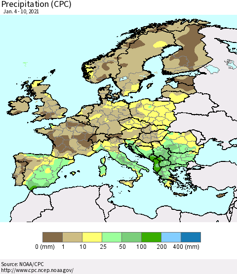 Europe Precipitation (CPC) Thematic Map For 1/4/2021 - 1/10/2021