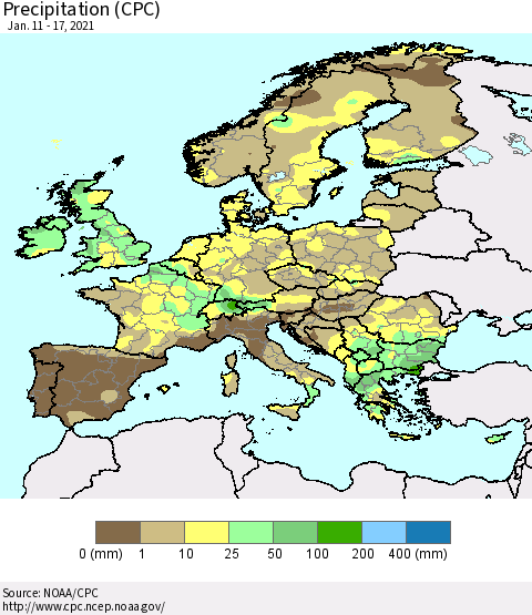 Europe Precipitation (CPC) Thematic Map For 1/11/2021 - 1/17/2021