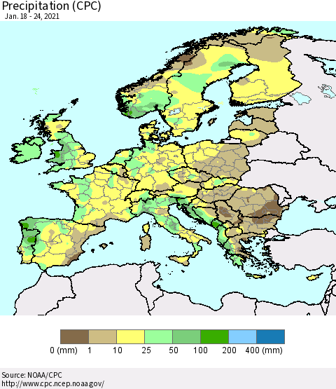 Europe Precipitation (CPC) Thematic Map For 1/18/2021 - 1/24/2021