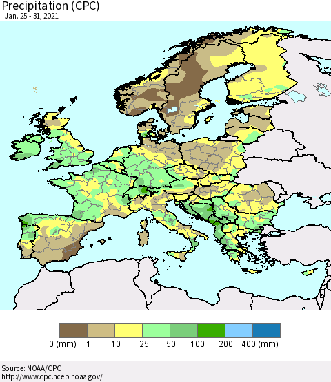 Europe Precipitation (CPC) Thematic Map For 1/25/2021 - 1/31/2021