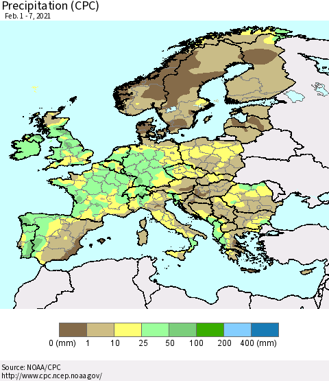 Europe Precipitation (CPC) Thematic Map For 2/1/2021 - 2/7/2021