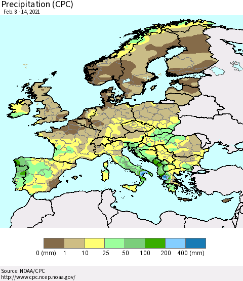 Europe Precipitation (CPC) Thematic Map For 2/8/2021 - 2/14/2021