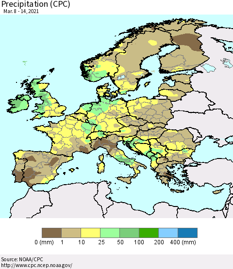 Europe Precipitation (CPC) Thematic Map For 3/8/2021 - 3/14/2021