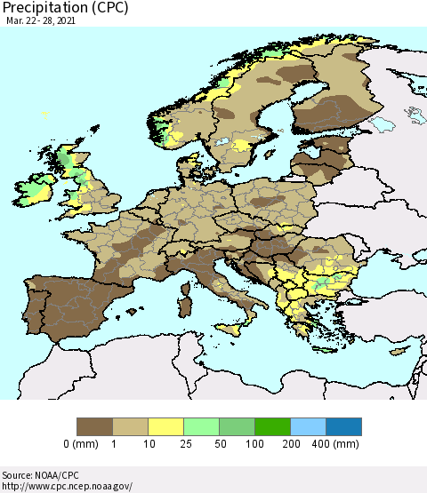 Europe Precipitation (CPC) Thematic Map For 3/22/2021 - 3/28/2021