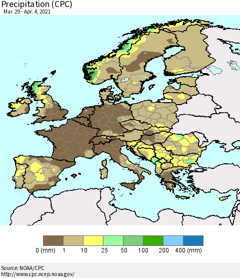 Europe Precipitation (CPC) Thematic Map For 3/29/2021 - 4/4/2021