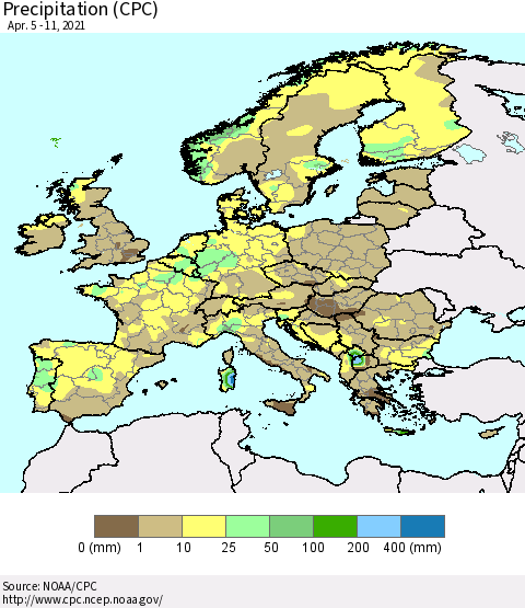Europe Precipitation (CPC) Thematic Map For 4/5/2021 - 4/11/2021