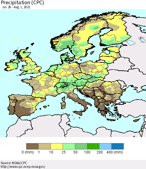 Europe Precipitation (CPC) Thematic Map For 7/26/2021 - 8/1/2021