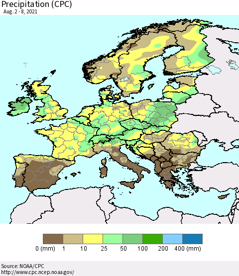 Europe Precipitation (CPC) Thematic Map For 8/2/2021 - 8/8/2021