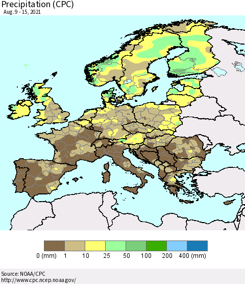 Europe Precipitation (CPC) Thematic Map For 8/9/2021 - 8/15/2021