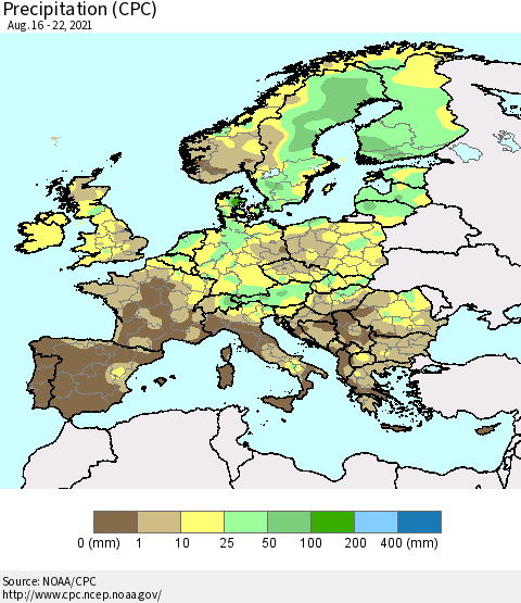 Europe Precipitation (CPC) Thematic Map For 8/16/2021 - 8/22/2021